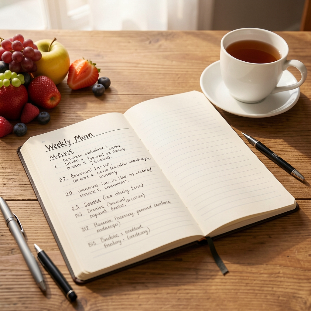 Notebook open to a handwritten weekly meal plan page, placed on a wooden desk with a cup of tea and seasonal fruit in soft morning light